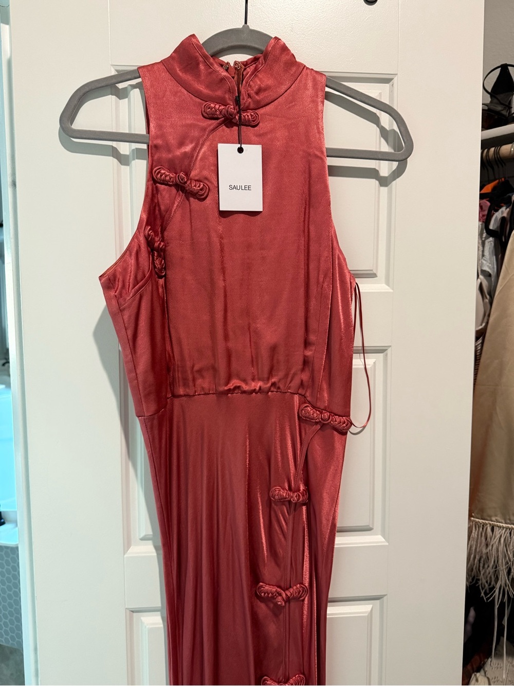 Satin High-Neck Rose Evening Gown with Side Slit - Picture 2 of 4